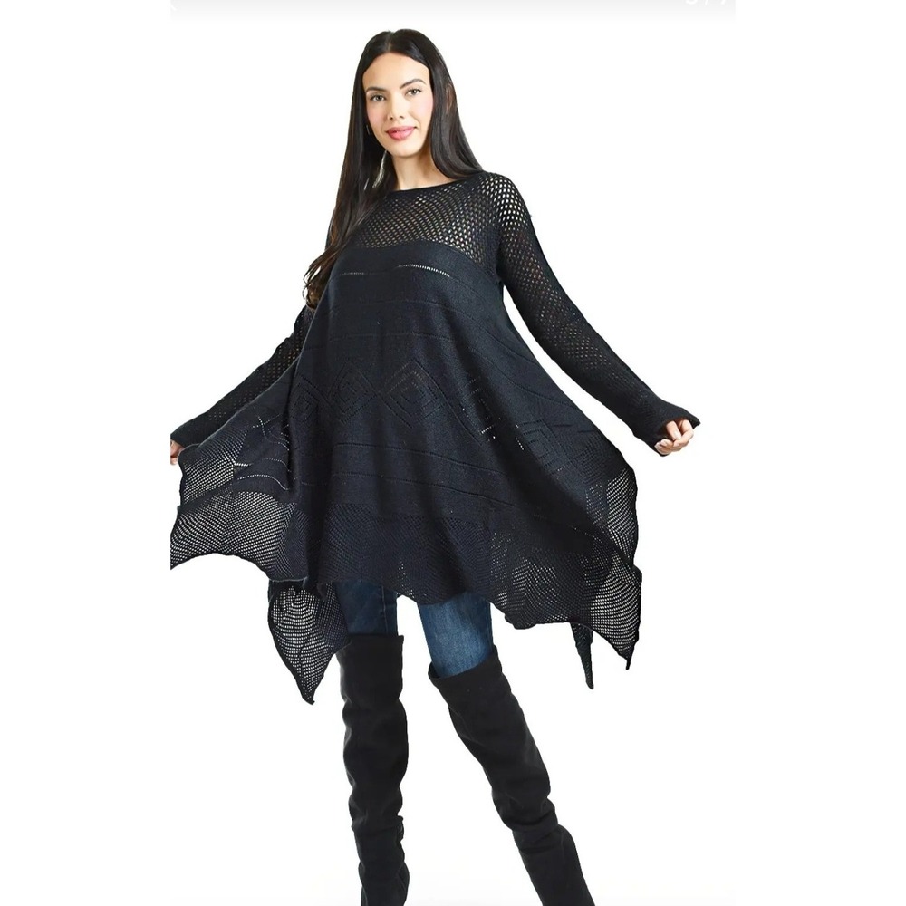 Gizel Sweater Women L/XL Black Excellent Asymmetrical Mohair Blend Open Knit
